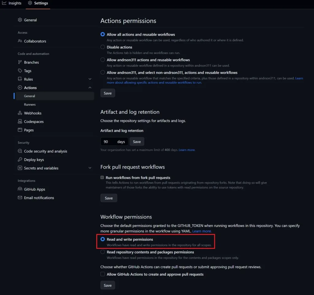 github actions workflow permissions settings